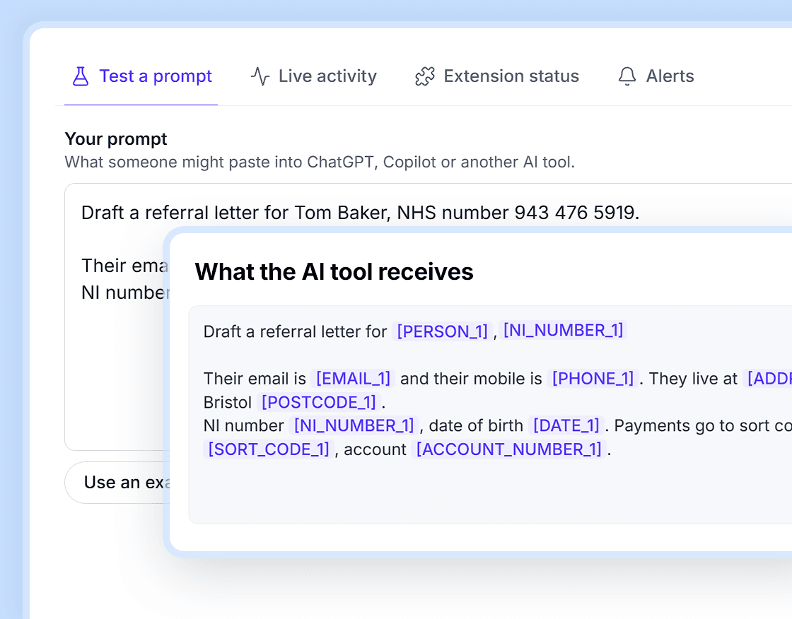 Saiela's Test a prompt screen: a referral letter prompt, and what the AI tool receives, with the name, email, mobile, address, postcode, National Insurance number, date of birth, sort code and account number each replaced with a placeholder such as [PERSON_1] or [EMAIL_1].