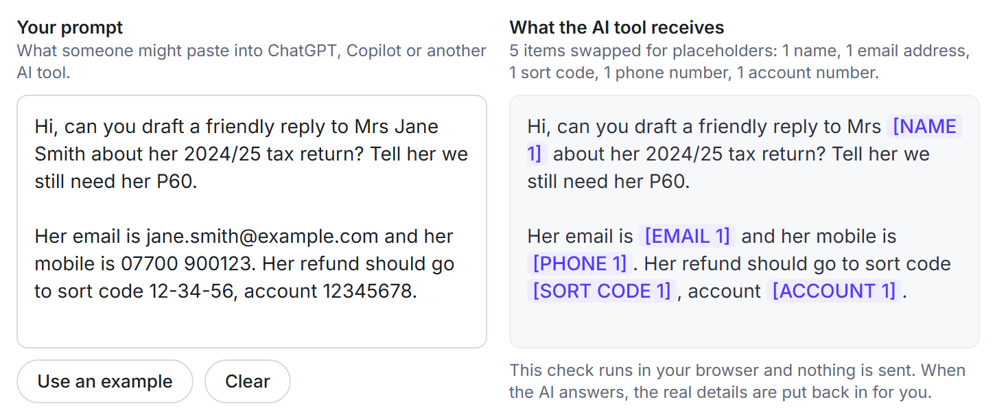 Saiela's Test a prompt panel: a prompt about a client's tax return on the left, and on the right what the AI tool receives, with her name, email, mobile, sort code and account number replaced by placeholders.