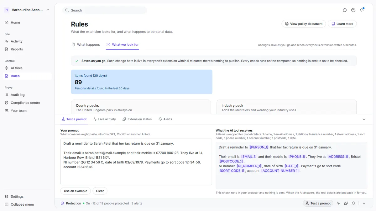 Saiela's Test a prompt panel: a reminder containing a client's name, email, mobile, address, National Insurance number, date of birth and bank details, beside what the AI tool receives, with each one swapped for a placeholder
