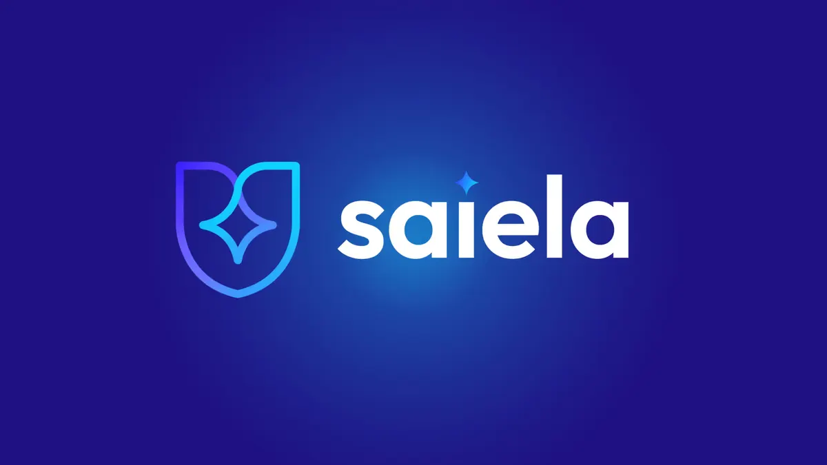 The Saiela logo, a shield with a four-pointed star drawn in violet to cyan, beside the word saiela on a deep blue background
